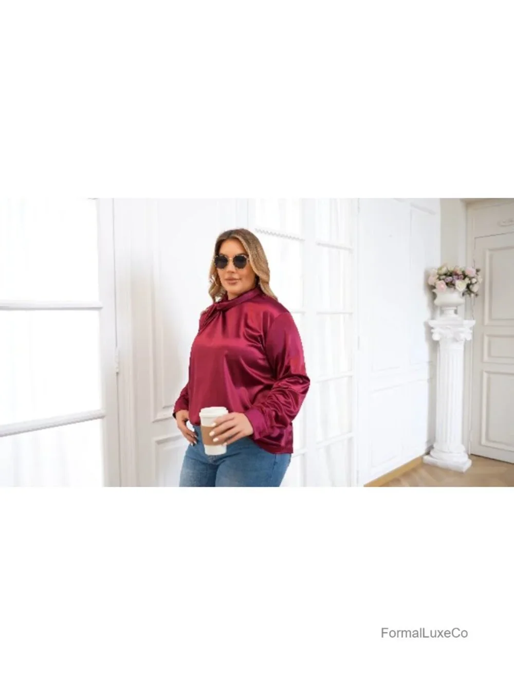 Plus Size Satin Twist Mock Neck Long Sleeve Blouse